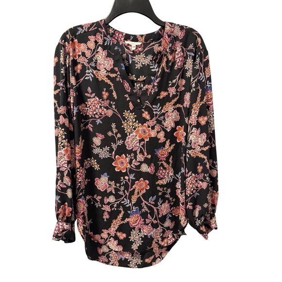 Maurices Womens Floral Blouse Sz Medium 3/4 Sleeve Black & Multicolor V-Neck - Picture 2 of 12